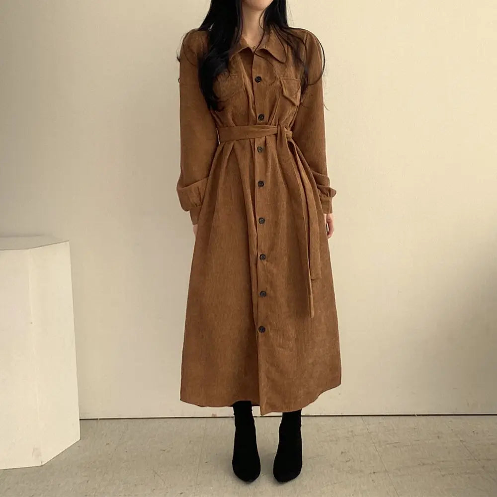 Retro Lapels Single-breasted Waist Dress