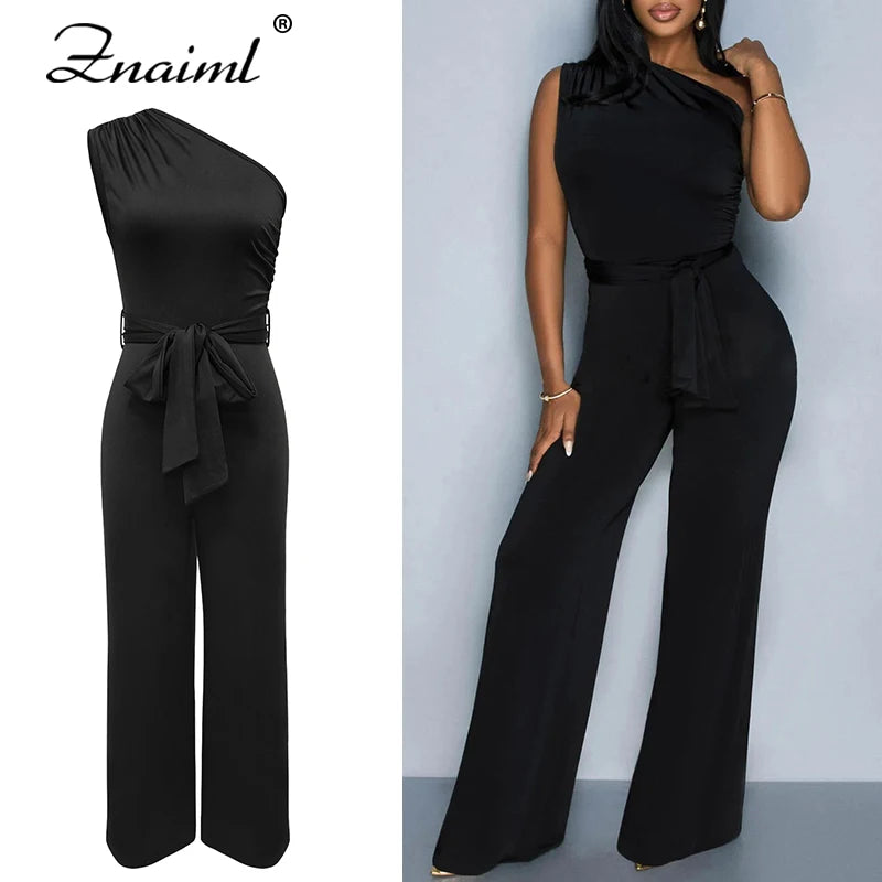 Diagonal Collar Sleeveless Jumpsuit with Wide-Legs