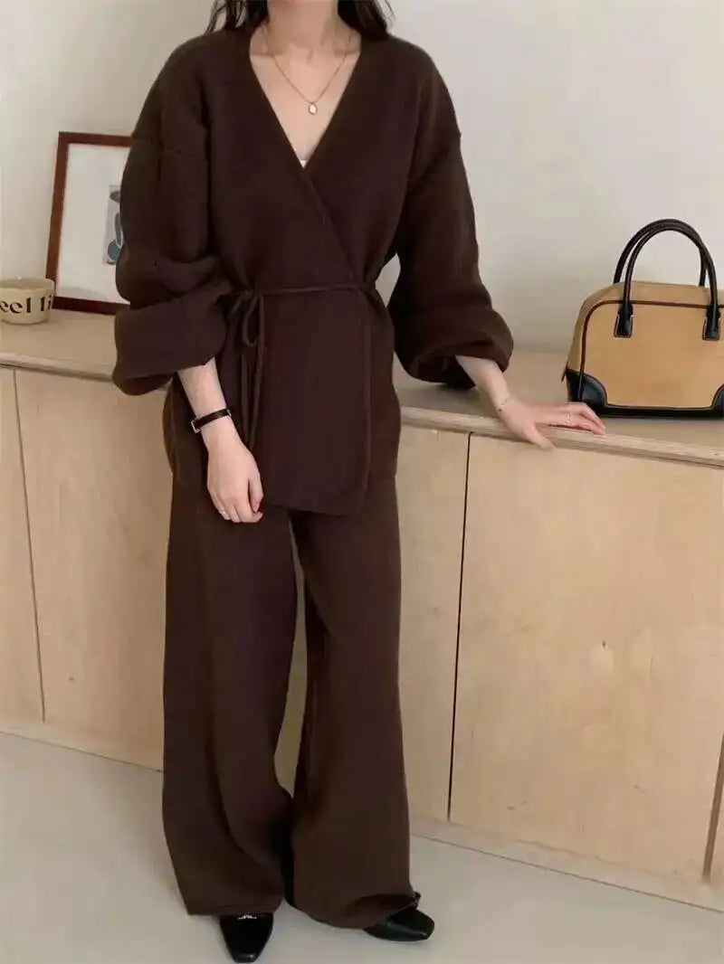 Casual Long Sleeve Sweater And High Waist Trousers Knit Set