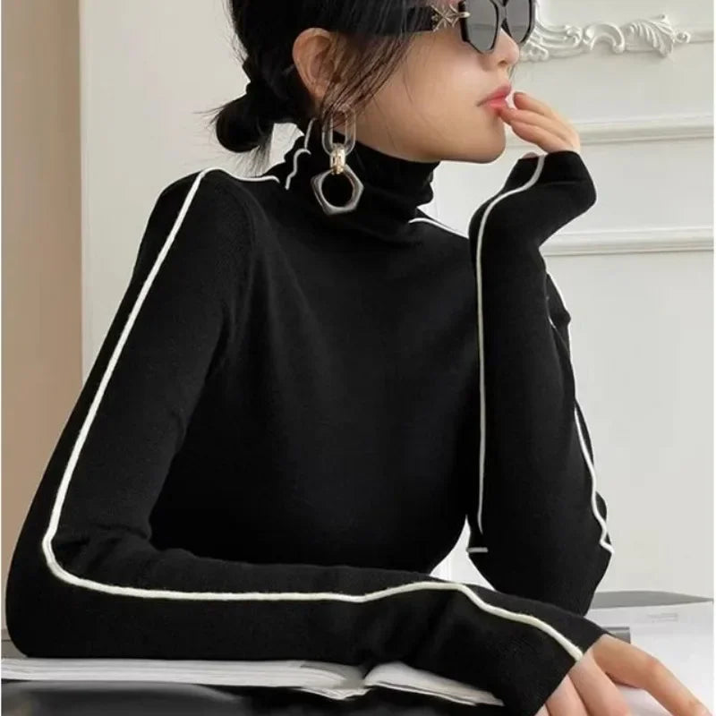 Long Sleeve Knit Turtleneck with Striped Sleeves Sweater Top