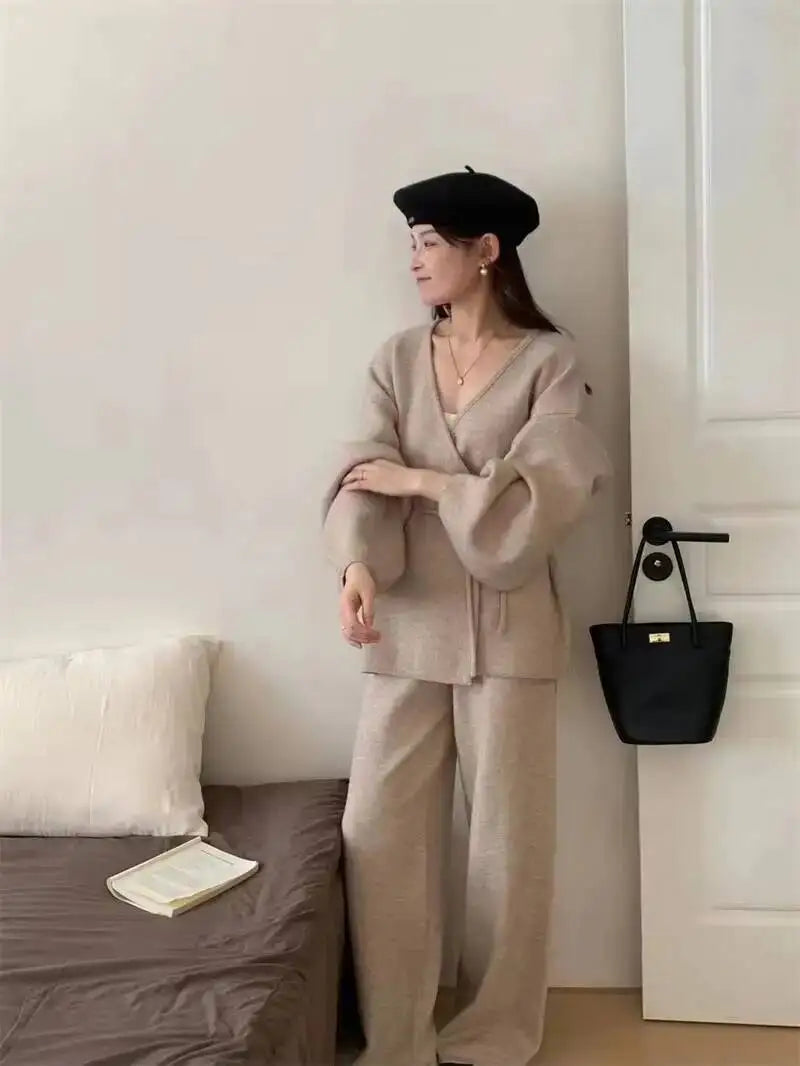 Casual Long Sleeve Sweater And High Waist Trousers Knit Set