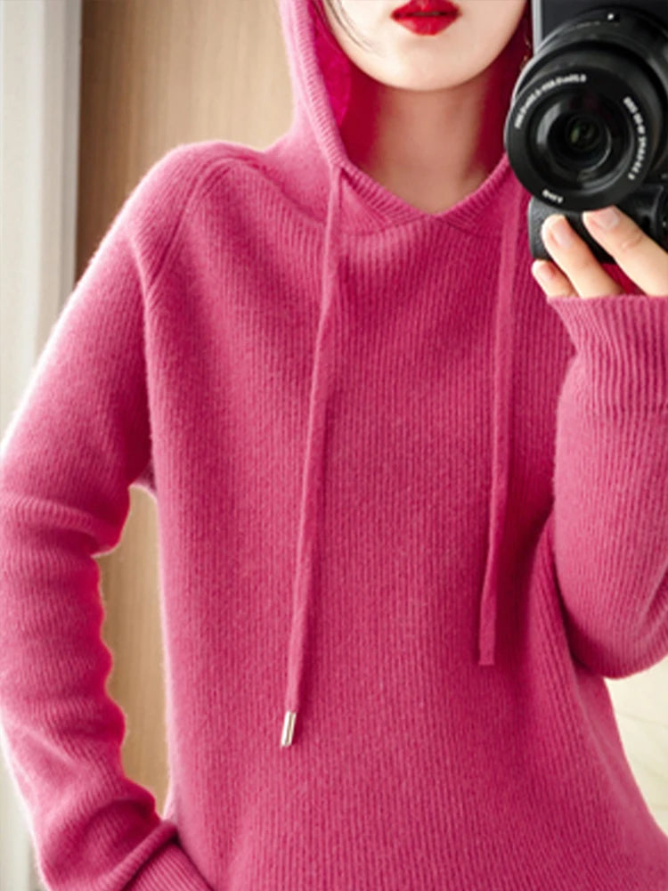 Merino Wool Blend Long Sleeve Hooded Pullover Sweater