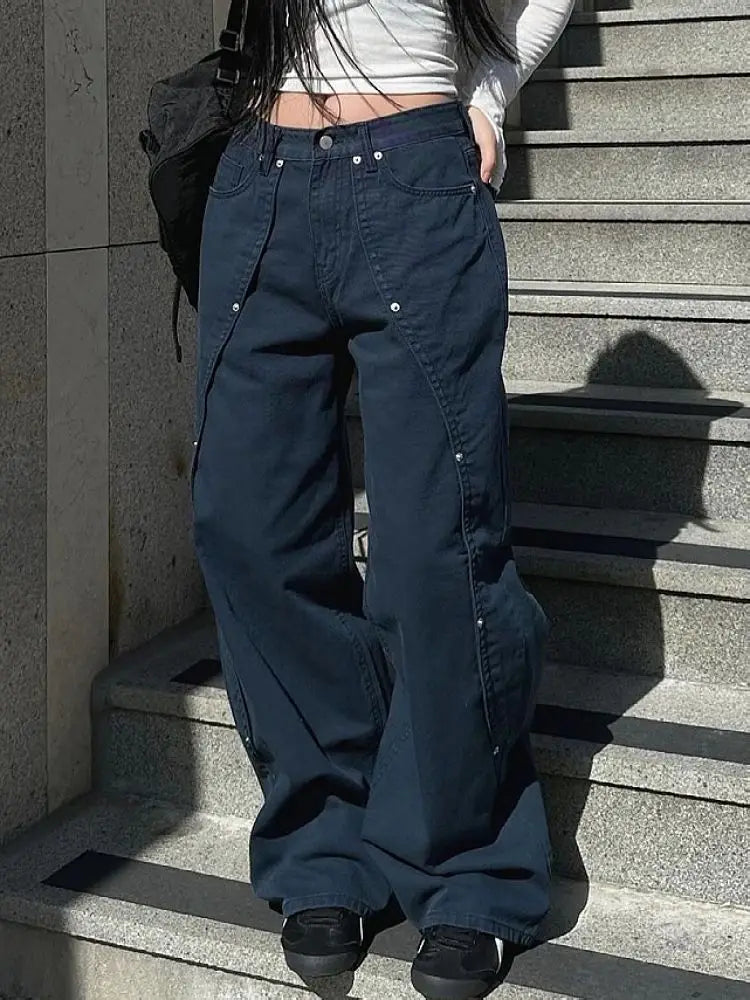 Relaxed Loose Fit Wide Leg Trousers with Rivet Patchwork Split Design