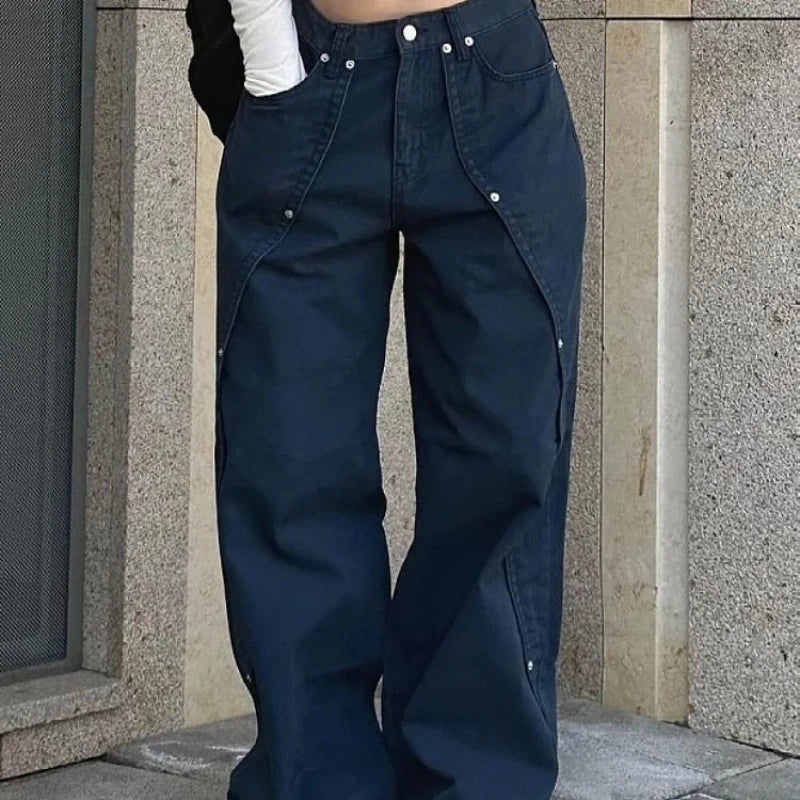 Relaxed Loose Fit Wide Leg Trousers with Rivet Patchwork Split Design