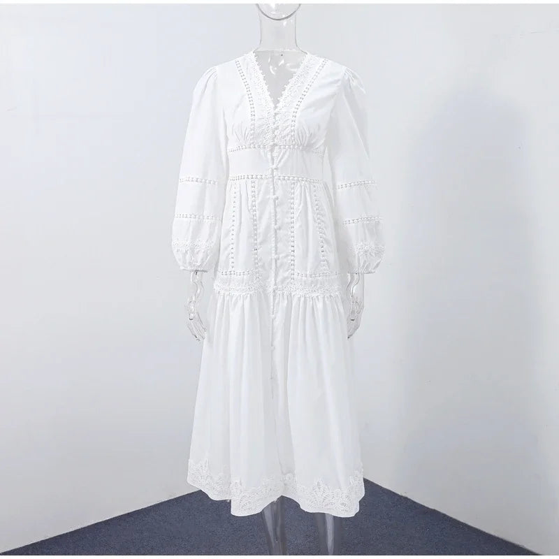 Lace Cut Out Long Puff Sleeve Maxi Dress