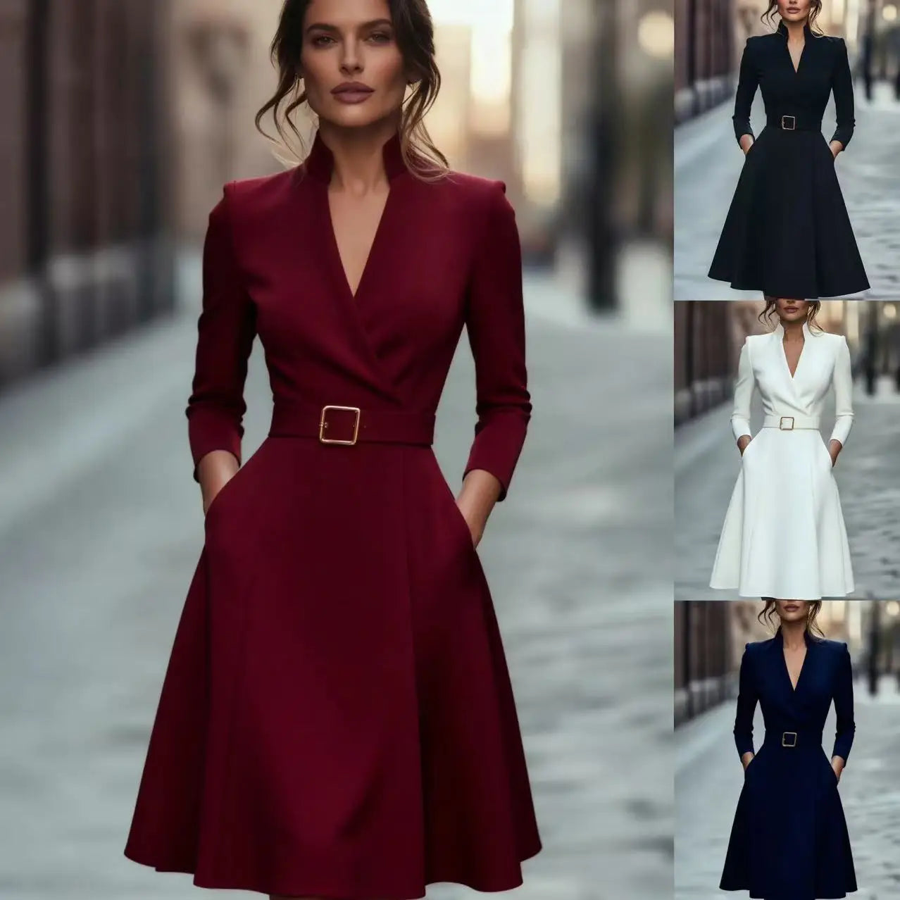 Waist slimming V-neck long-sleeved belted A-shaped dress