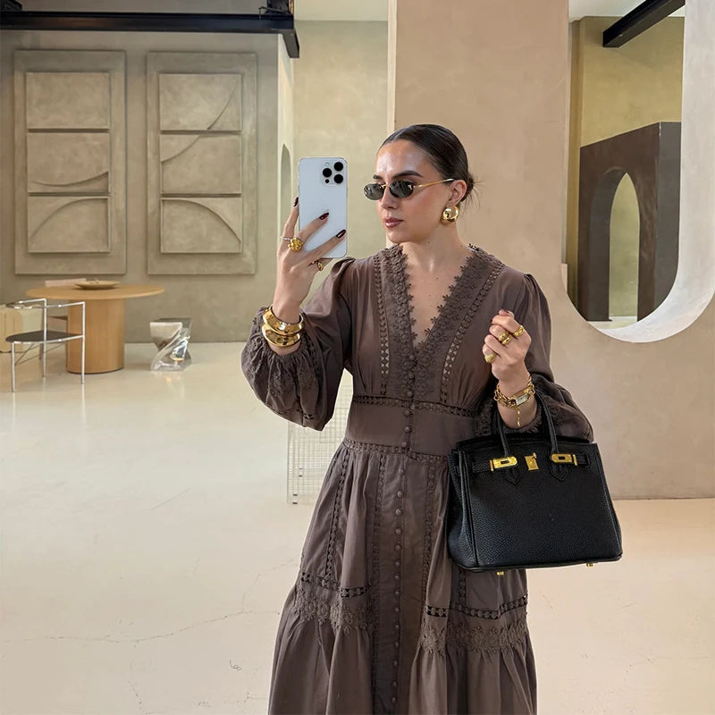 Lace Cut Out Long Puff Sleeve Maxi Dress