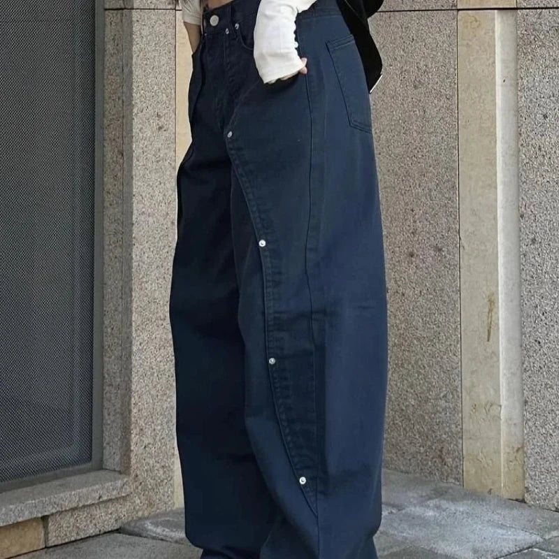 Relaxed Loose Fit Wide Leg Trousers with Rivet Patchwork Split Design