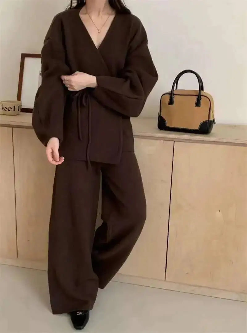 Casual Long Sleeve Sweater And High Waist Trousers Knit Set