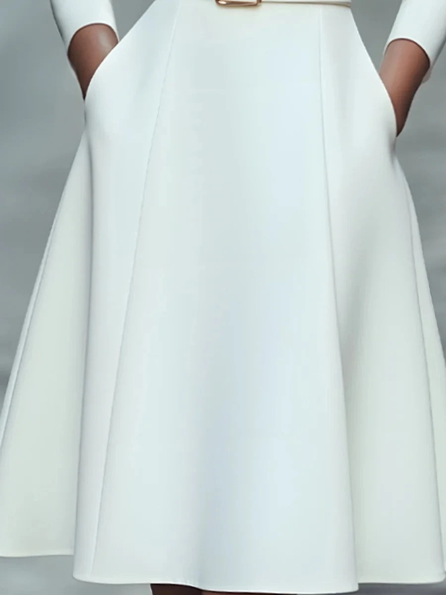 Waist slimming V-neck long-sleeved belted A-shaped dress