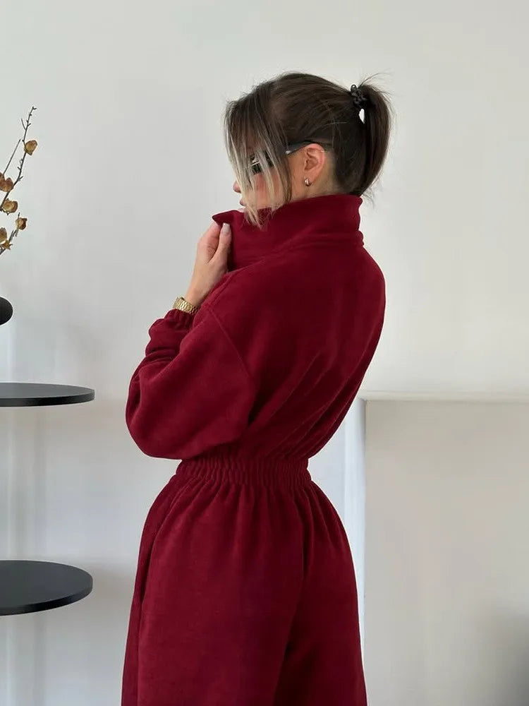 Sporty Long Sleeve Half-Zip Sports Jumpsuit with Lapel