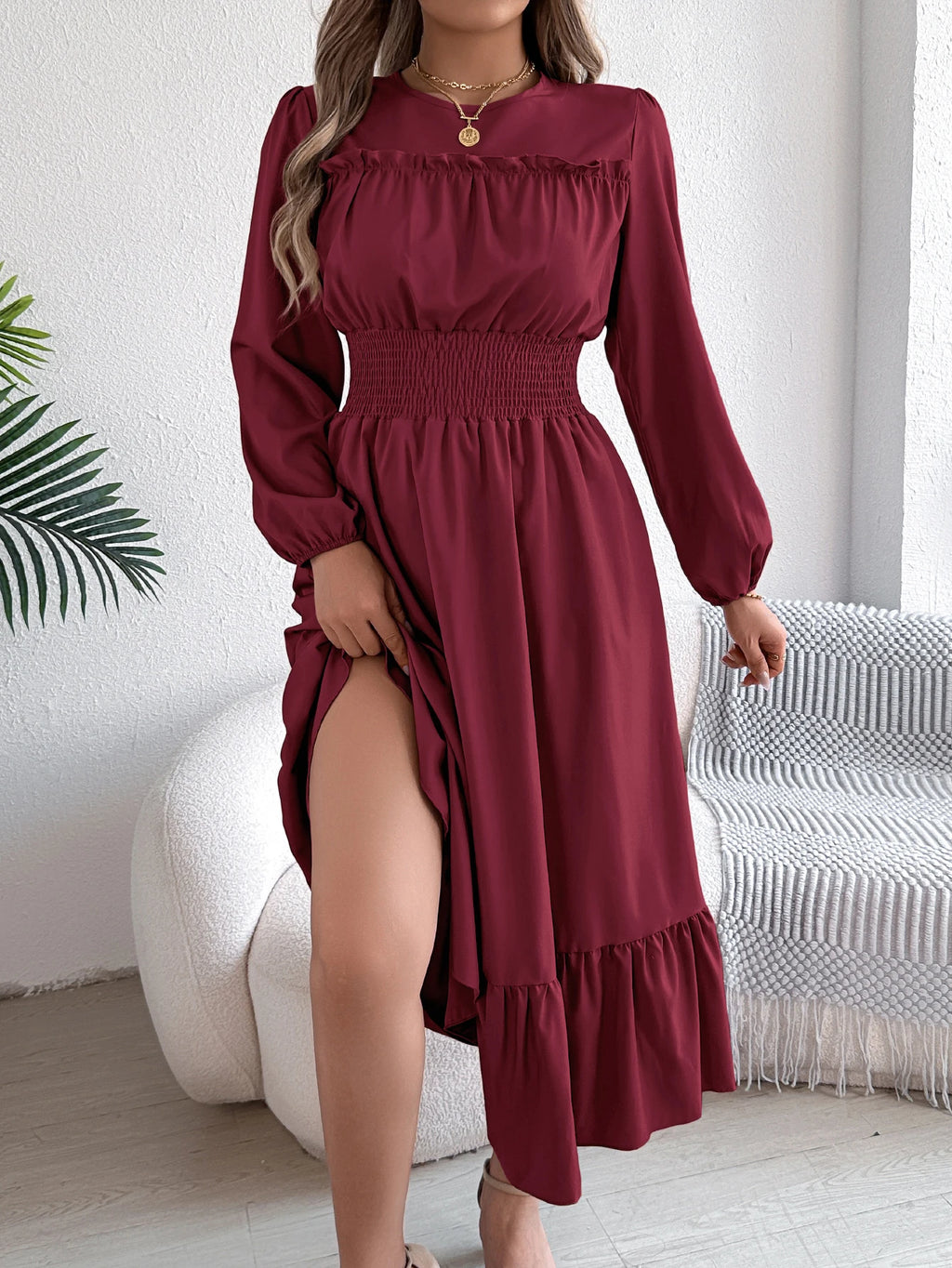 Women's Casual Elegant Round Neck Long Sleeved Waist Cinched Lotus Leaf Edge Dress