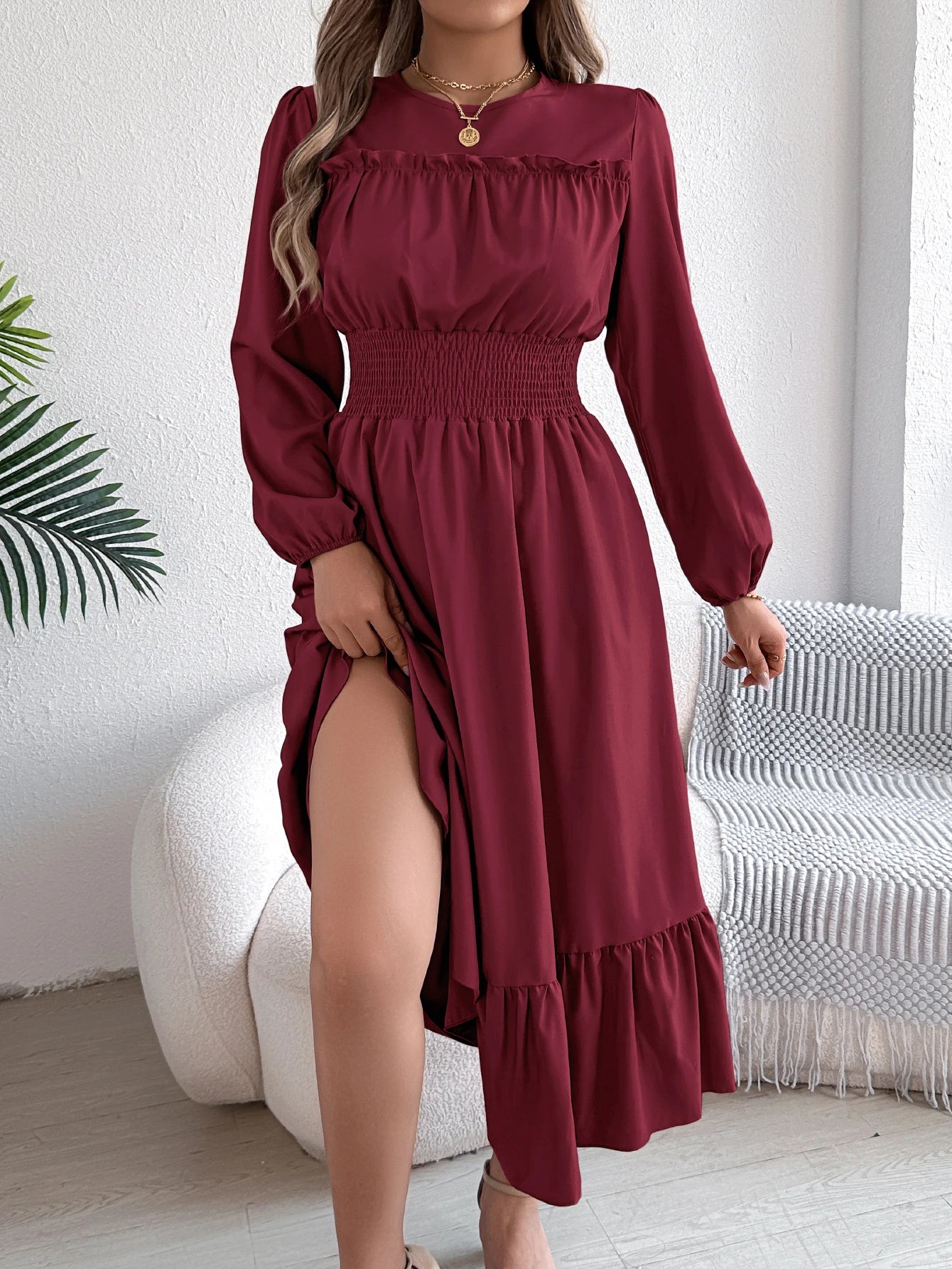 Women's Casual Elegant Round Neck Long Sleeved Waist Cinched Lotus Leaf Edge Dress
