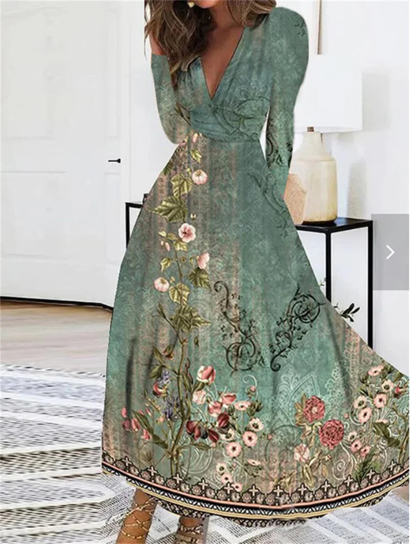 Elegant Long Sleeved Floral Print Long Dresses