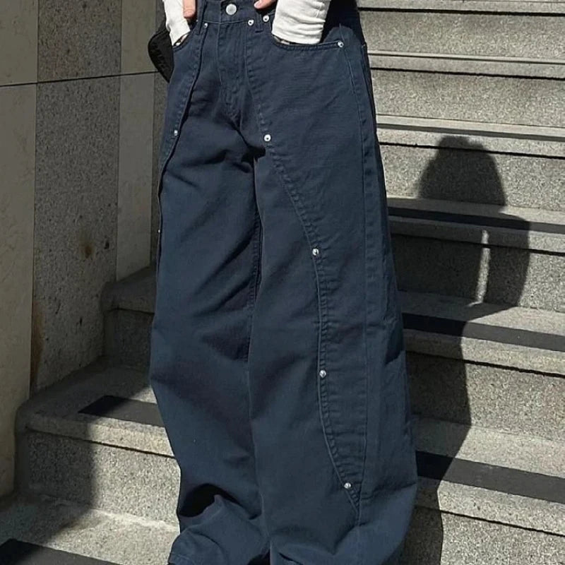 Relaxed Loose Fit Wide Leg Trousers with Rivet Patchwork Split Design