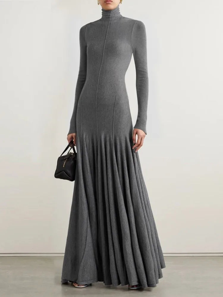 Slim Fit Long Sleeve Evening Pleated Maxi Dress