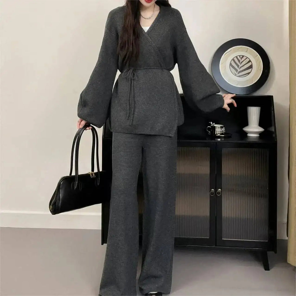 Casual Long Sleeve Sweater And High Waist Trousers Knit Set