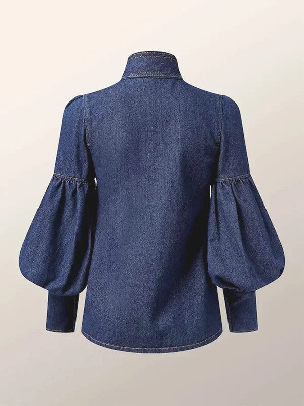 Denim Blouse with Long Puff Sleeves and Bow
