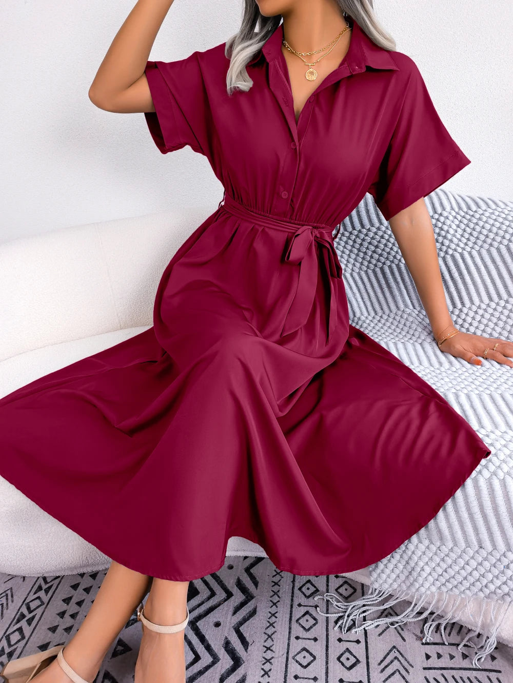 Women's Turn Down Collar Lace Up Dress