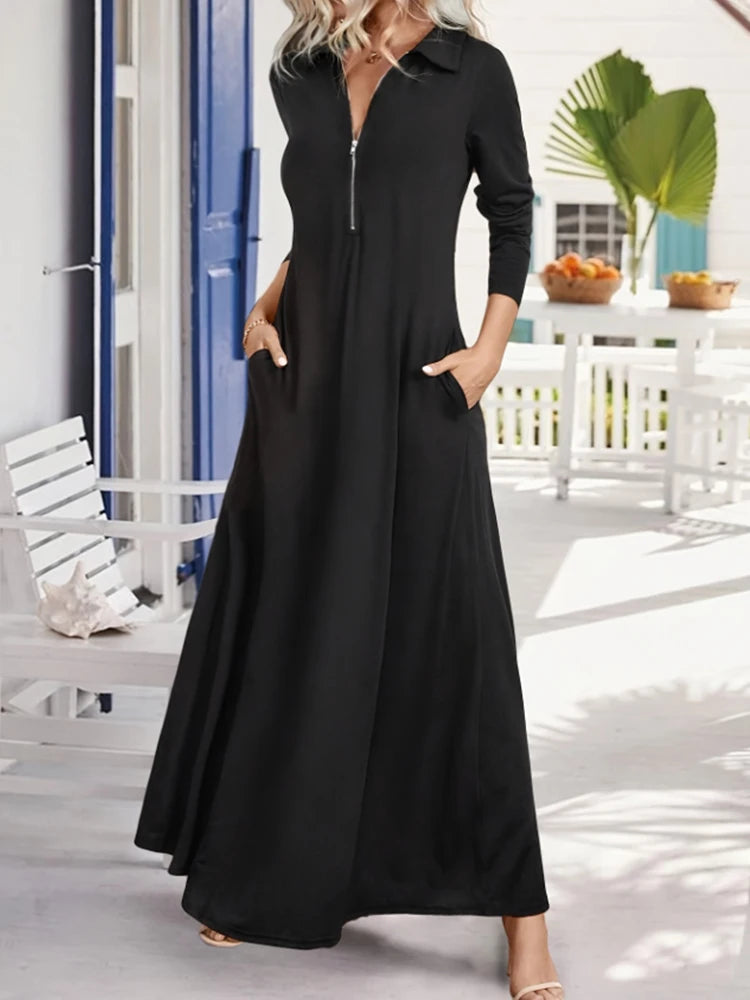 Elegant Solid Maxi with Long Sleeve Shirt Dress