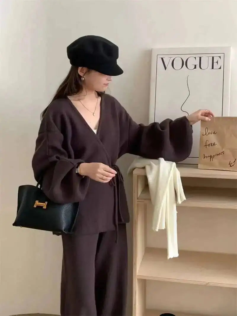 Casual Long Sleeve Sweater And High Waist Trousers Knit Set