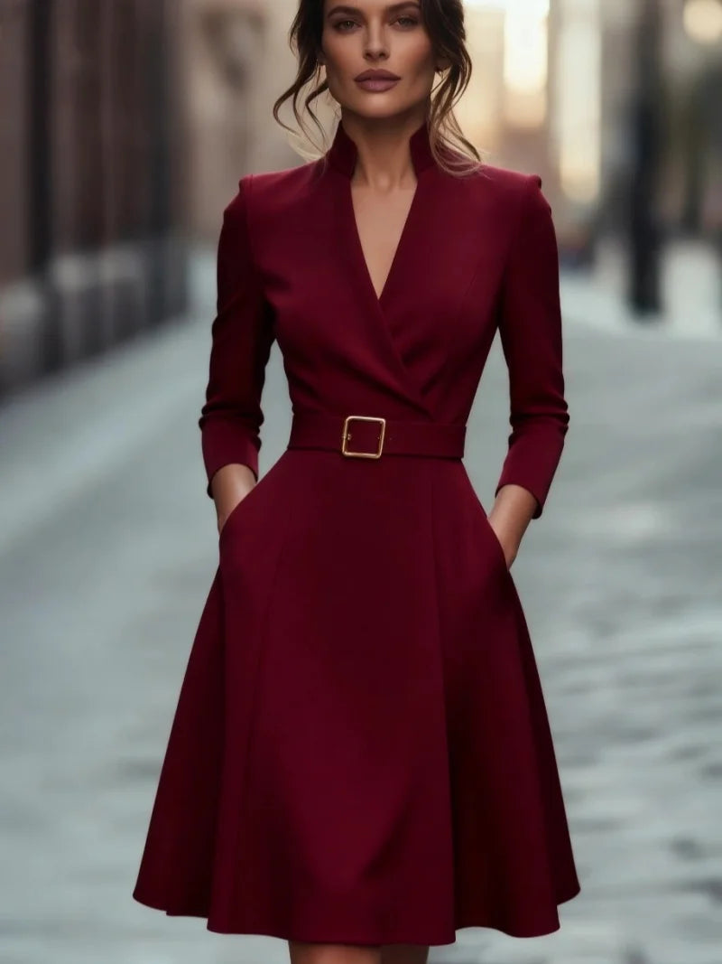 Waist slimming V-neck long-sleeved belted A-shaped dress