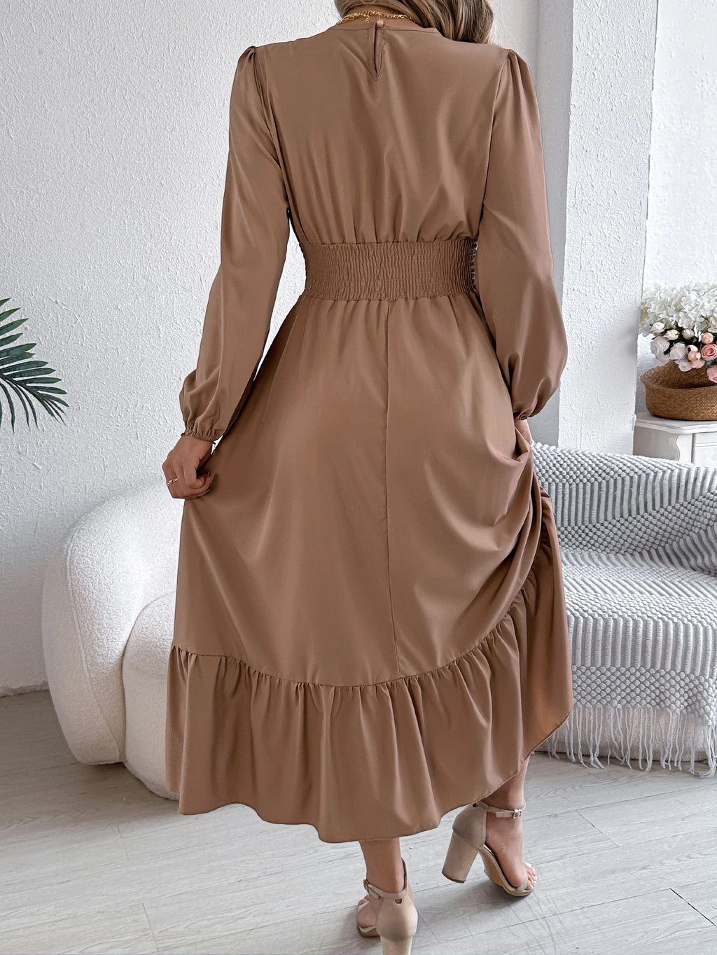 Women's Casual Elegant Round Neck Long Sleeved Waist Cinched Lotus Leaf Edge Dress