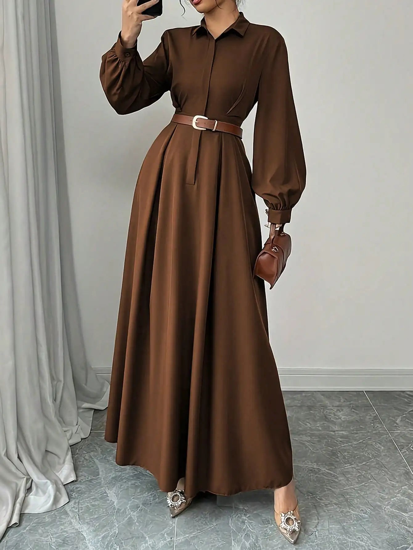 Women's Elegant Long Lantern Sleeve A-Line Maxi Dress