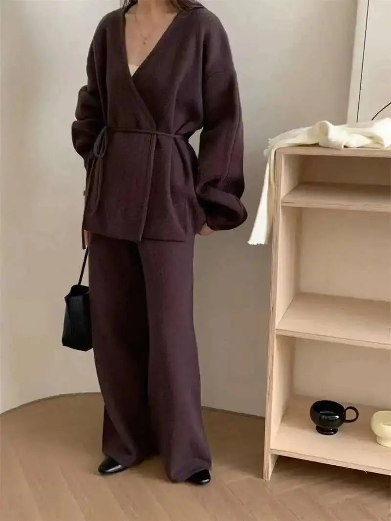 Casual Long Sleeve Sweater And High Waist Trousers Knit Set