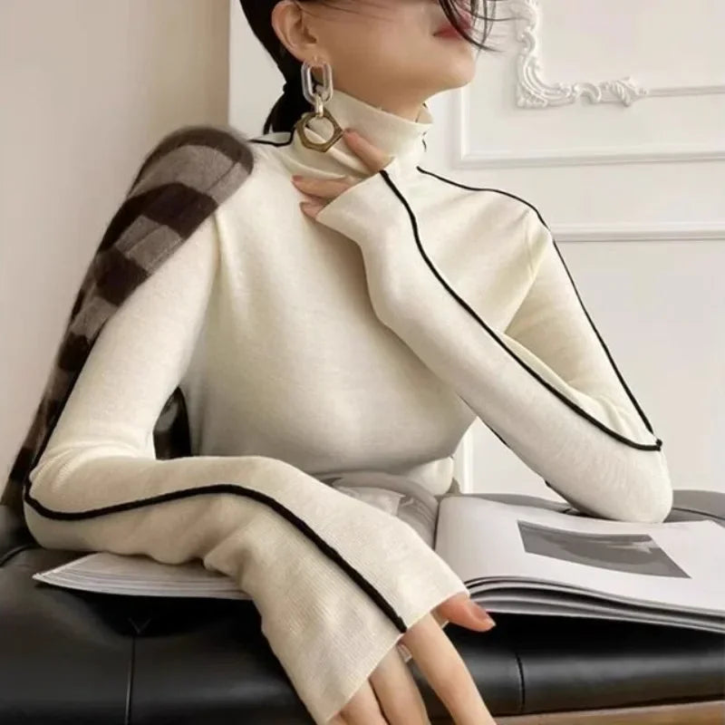Long Sleeve Knit Turtleneck with Striped Sleeves Sweater Top