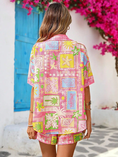Colorful Tropical Print 2-Piece Short Sleeve Shirt & Shorts Set