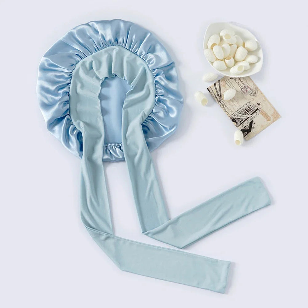 100% Mulberry Silk Sleeping Bonnet Curly Hair Adjustable Satin Sleep Cap With Wide Elastic Band