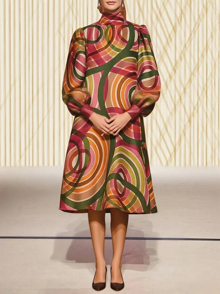 Elegant Lantern Sleeve Mid-Length Colorful Dress