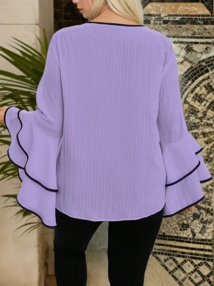 Plus-SizedWomen's Relaxed Loose Solid Color Crew-neck with Flared Long-Sleeved Top