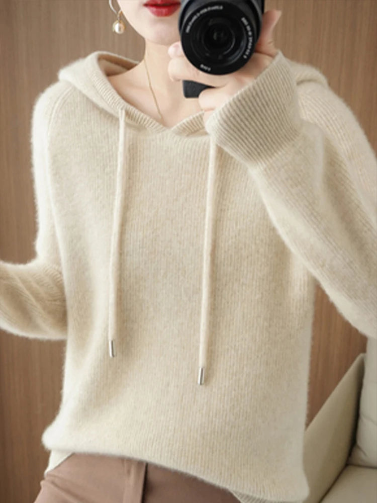 Merino Wool Blend Long Sleeve Hooded Pullover Sweater