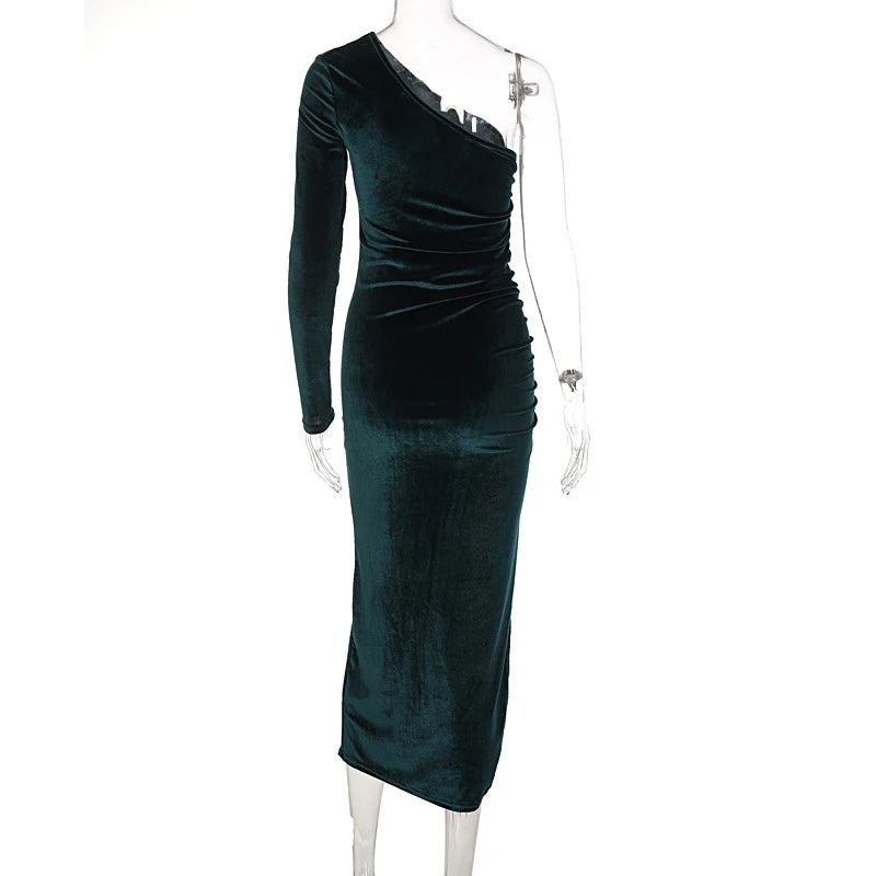 Elegant Long Sleeve Velvet Evening Dress w/Slit