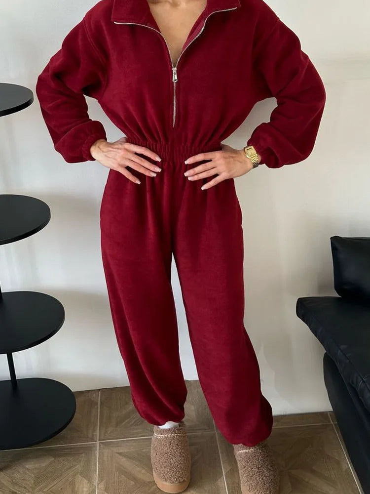 Sporty Long Sleeve Half-Zip Sports Jumpsuit with Lapel