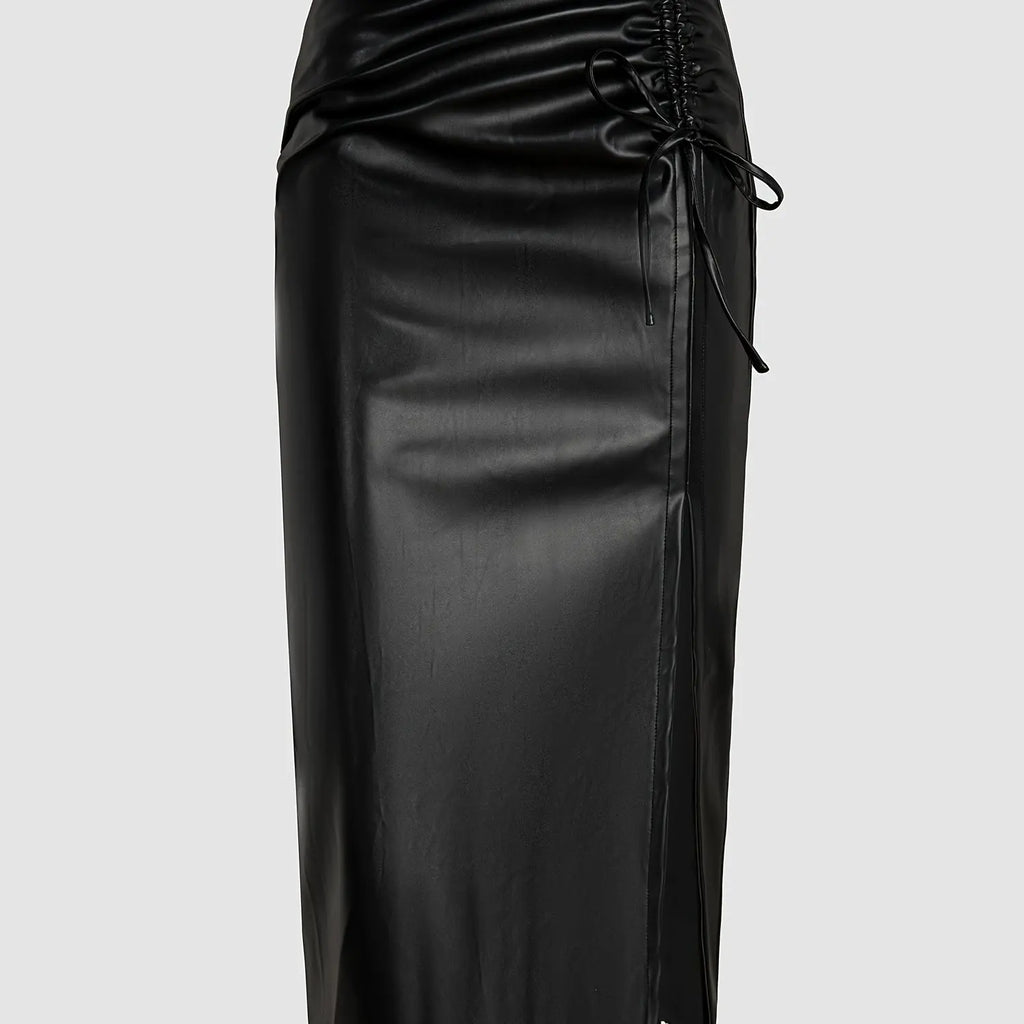 Slim fit, High Waist Split Mid-Length Pu Leather Skirt