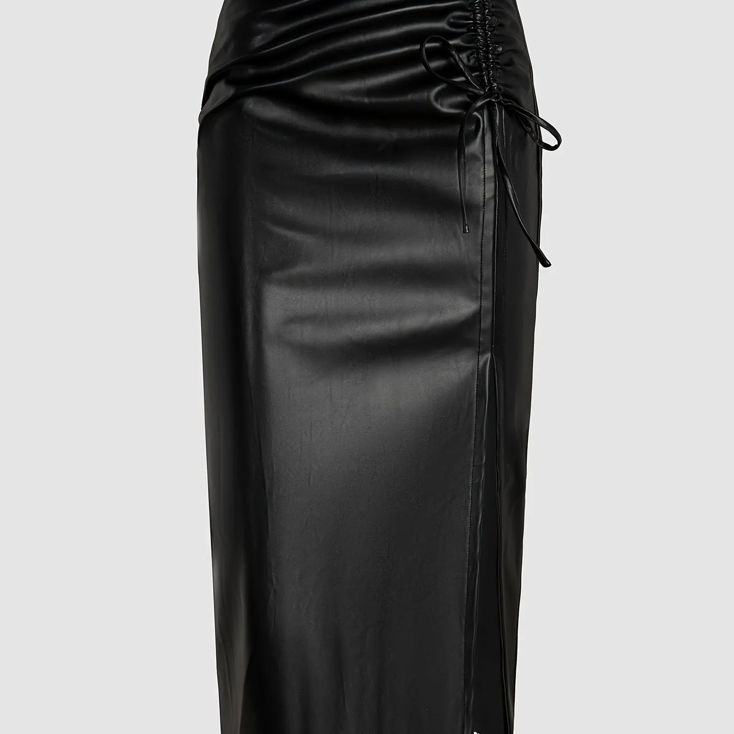 Slim fit, High Waist Split Mid-Length Pu Leather Skirt