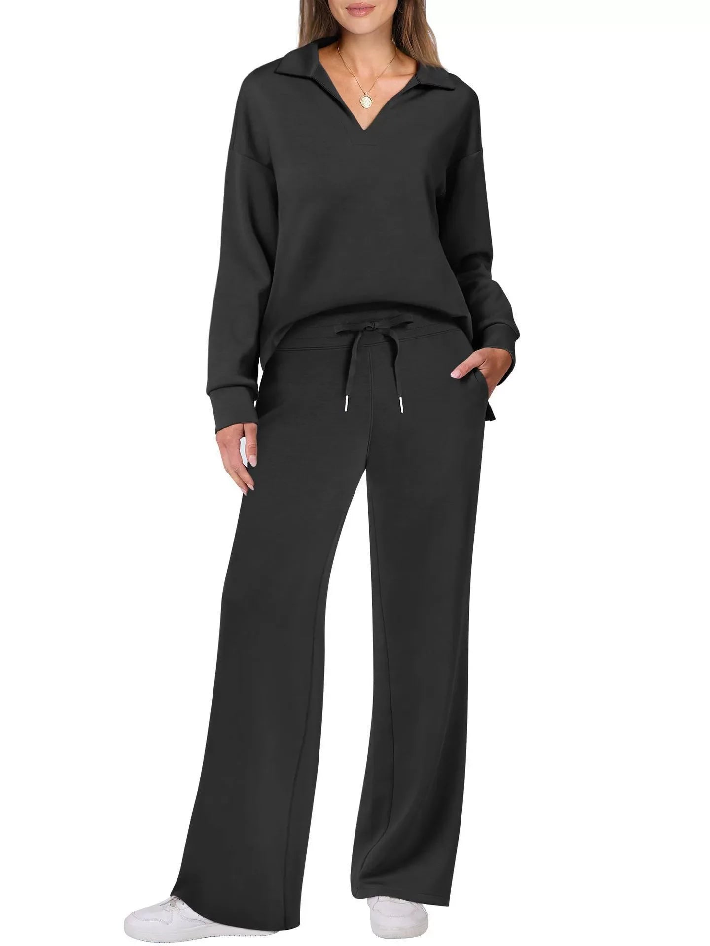 Loose V-neck Long-sleeved Top with Drawstring Design Elastic Waist Flared Long Trousers Two Pieces