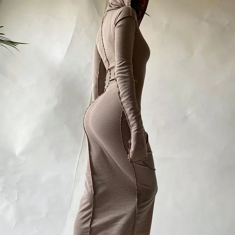 Long Sleeve Hooded Patchwork Skinny Maxi Dress