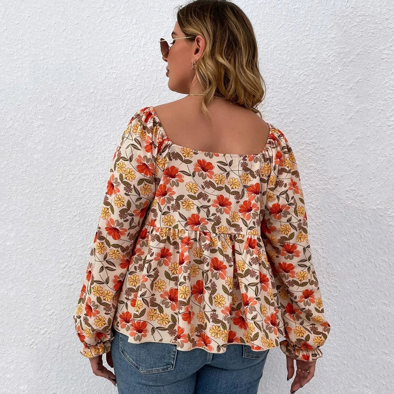 Women's Plus Size Floral Print Square Neck Peplum Blouse with Lantern Sleeves