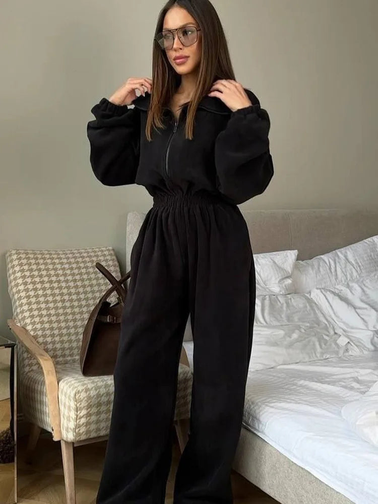 Sporty Long Sleeve Half-Zip Sports Jumpsuit with Lapel