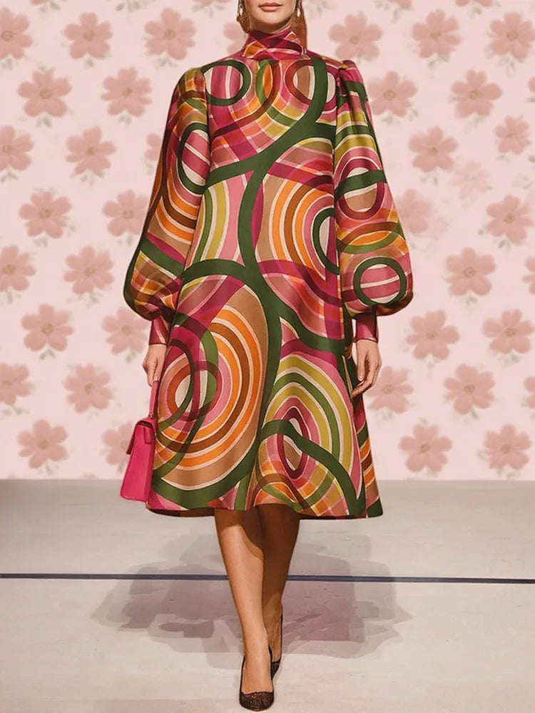 Elegant Lantern Sleeve Mid-Length Colorful Dress