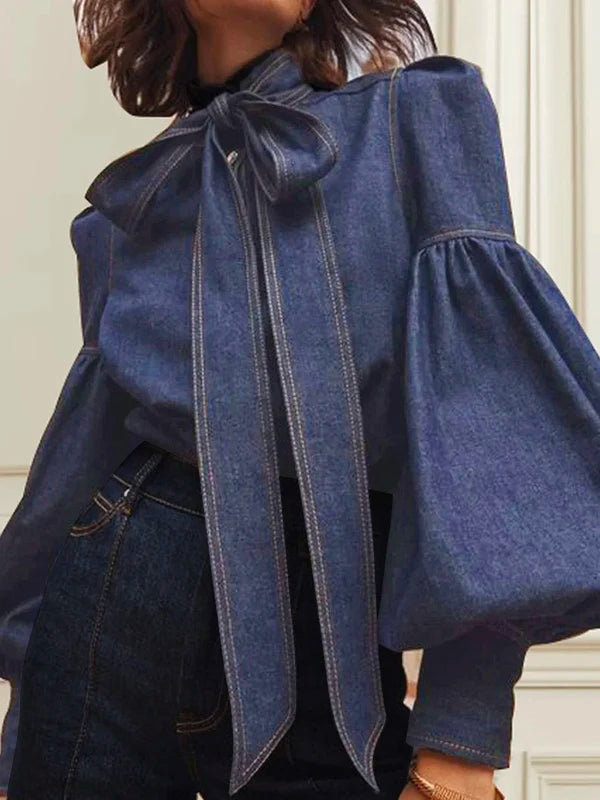 Denim Blouse with Long Puff Sleeves and Bow