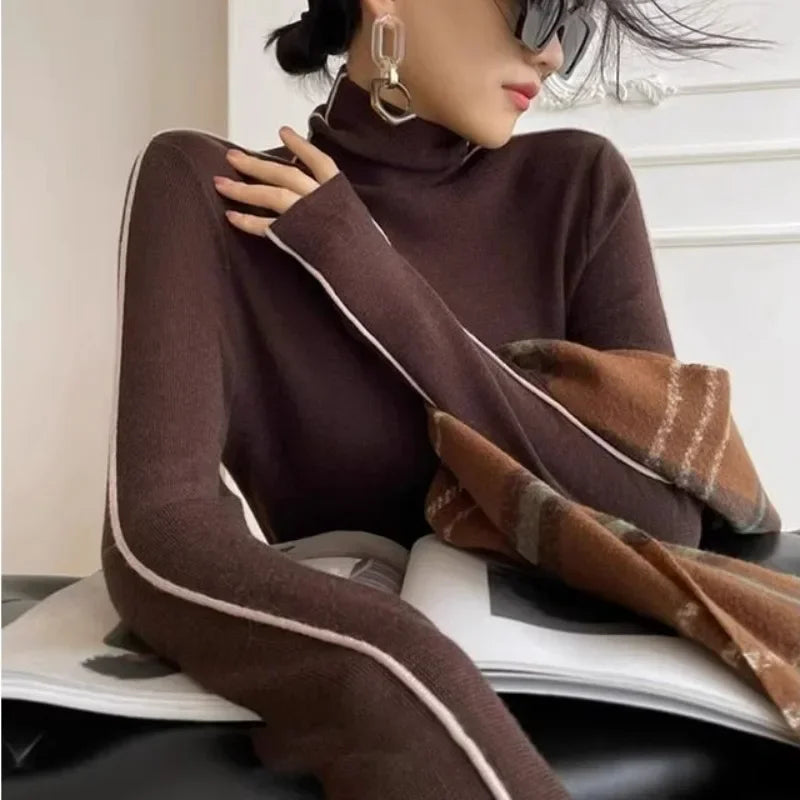 Long Sleeve Knit Turtleneck with Striped Sleeves Sweater Top