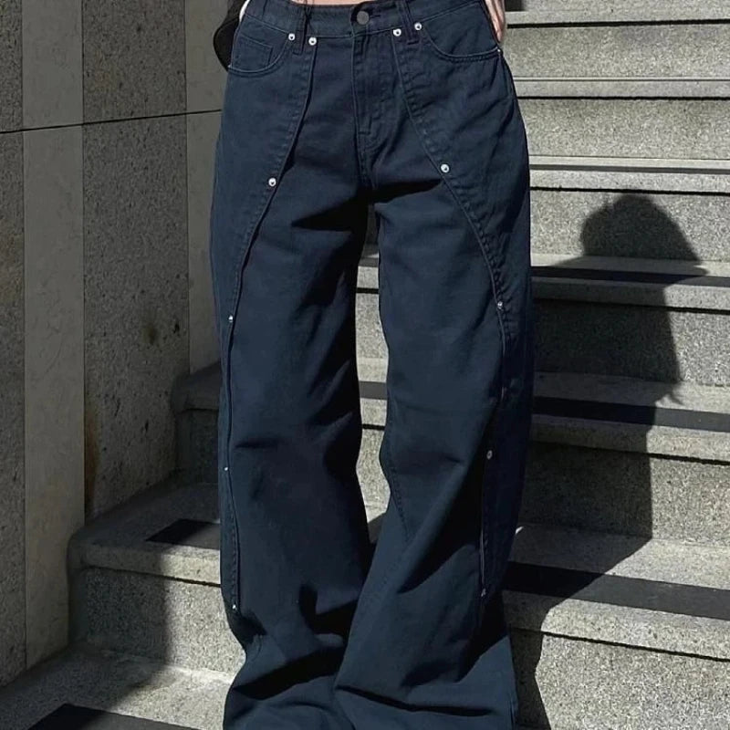 Relaxed Loose Fit Wide Leg Trousers with Rivet Patchwork Split Design