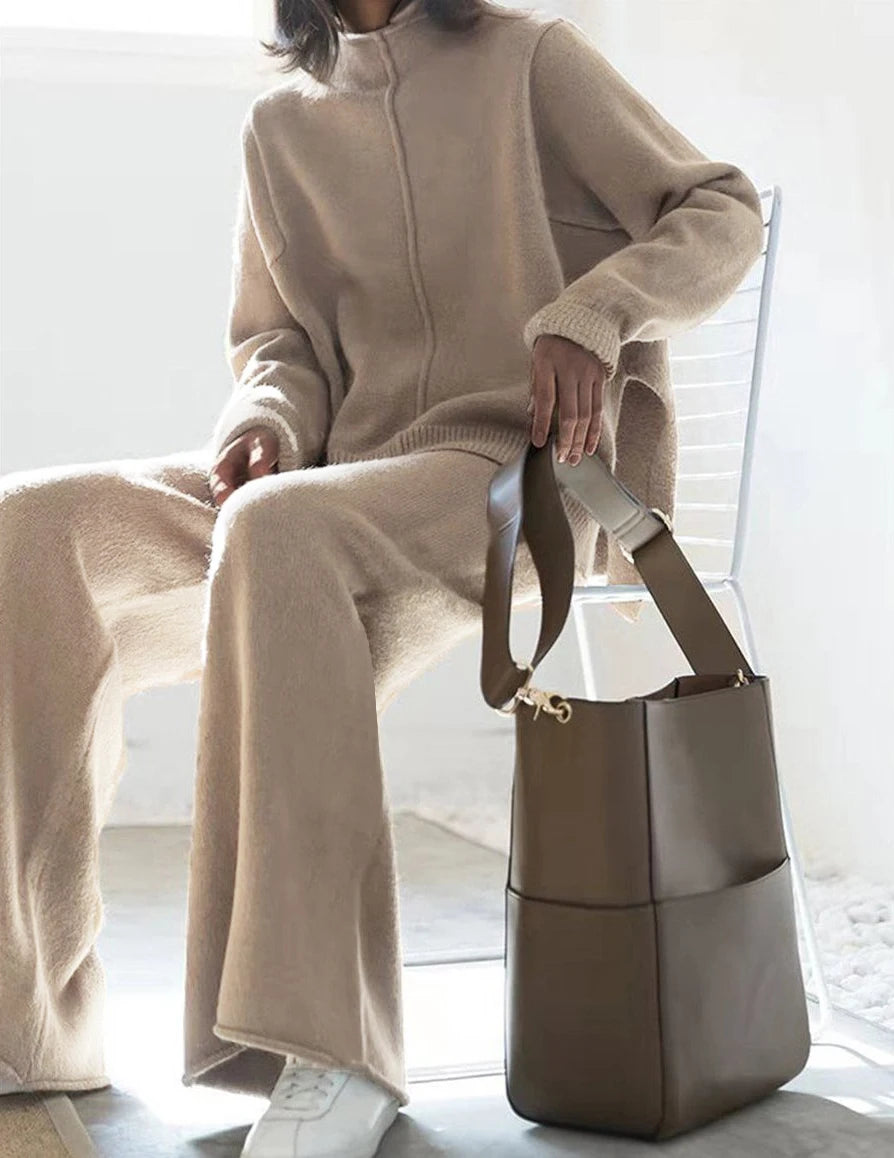 Beige Casual Oversized Knit Two-Piece Set with Half-Zip Sweater And Wide-Leg
