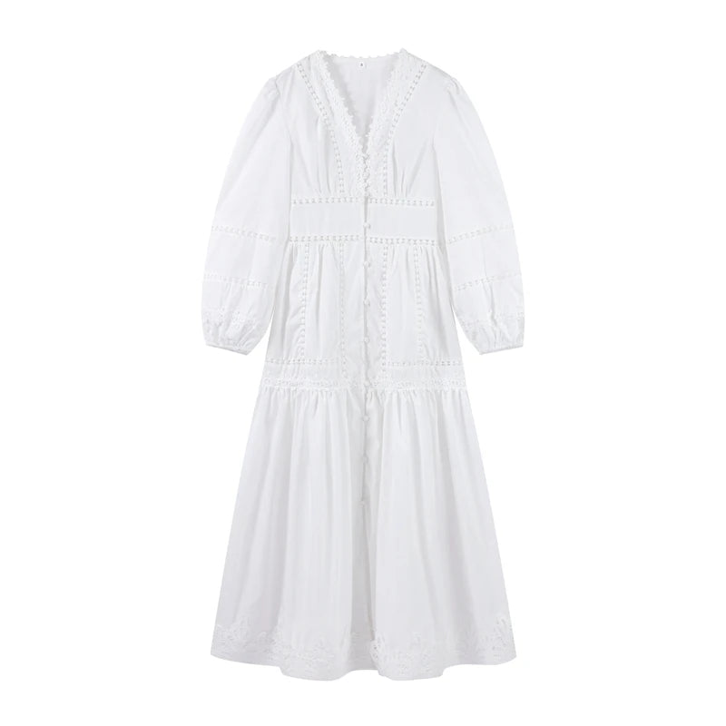 Lace Cut Out Long Puff Sleeve Maxi Dress
