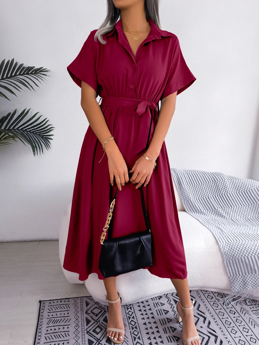 Women's Turn Down Collar Lace Up Dress